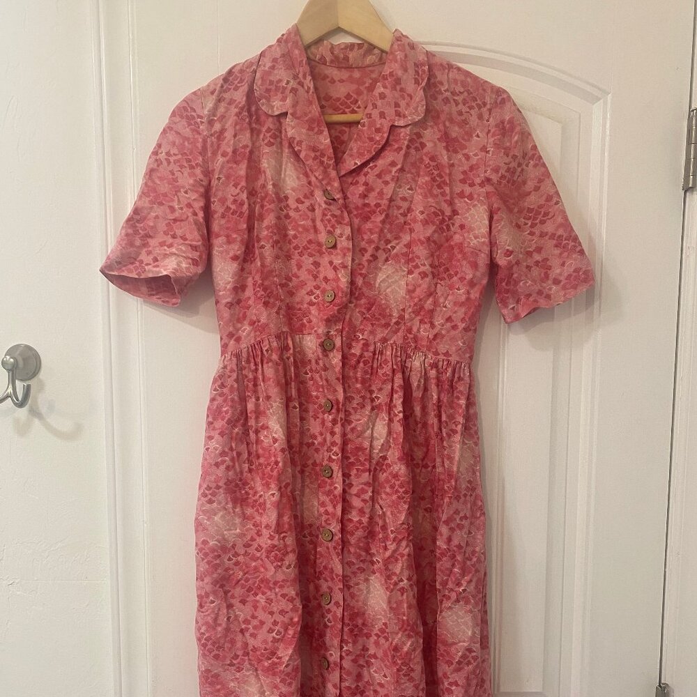 Vintage 1950's Pink Floral Japanese Print Cotton Button Up Housewife Dress